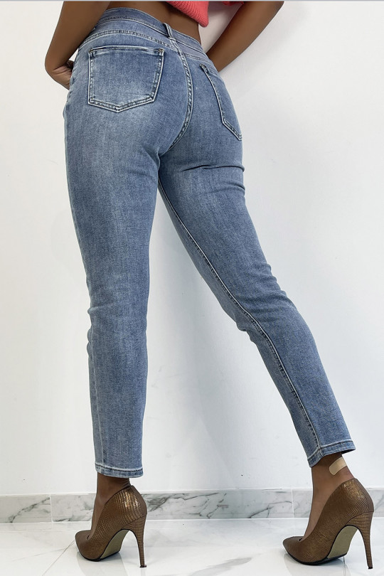 Light blue high-waisted boyfriend-effect jeans, cinched at the waist with back pockets - 4