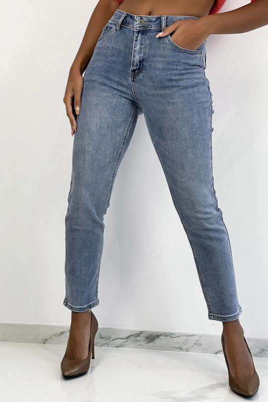 Light blue high-waisted boyfriend-effect jeans, cinched at the waist with back pockets - 6