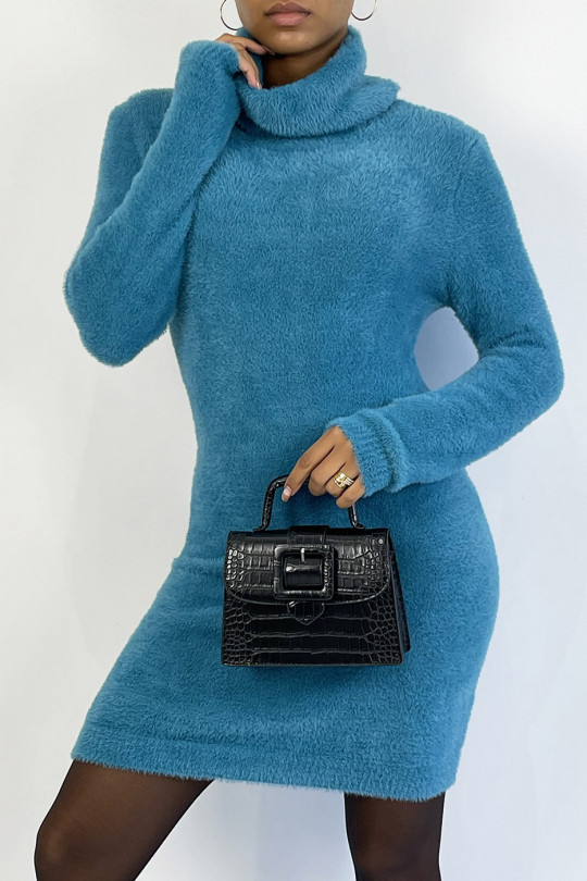Robe pull col roulé vert d'eau très doux et très extensible - 1