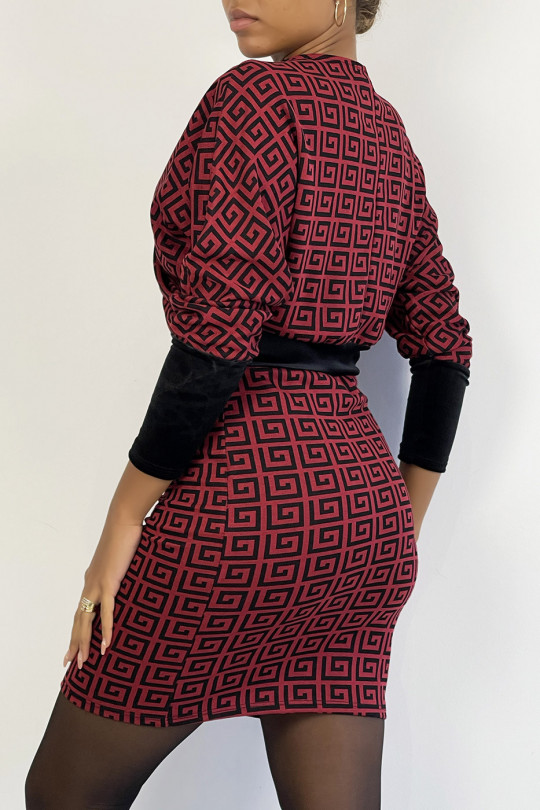 Chic burgundy red wrap dress with long sleeves and luxury print - 1