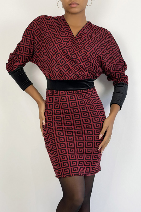 Chic burgundy red wrap dress with long sleeves and luxury print - 4