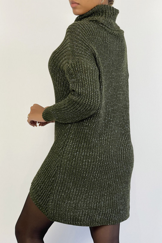 Pull col roulé long, épais et asymétrique kaki pailleté - 2