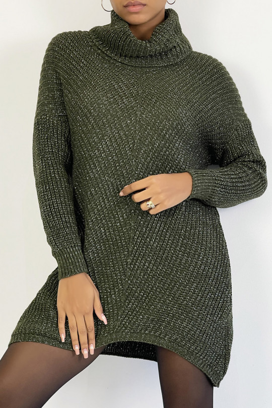 Pull col roulé long, épais et asymétrique kaki pailleté - 4