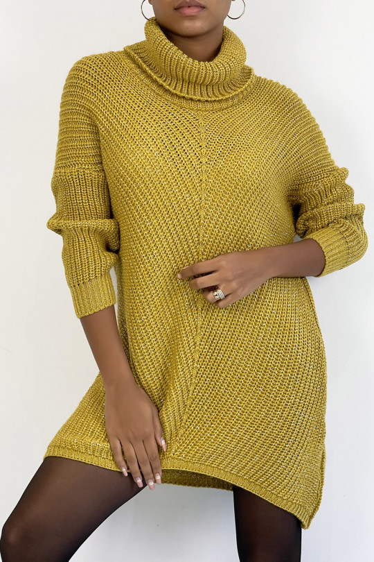 Pull col roulé long, épais et asymétrique moutarde pailleté - 2