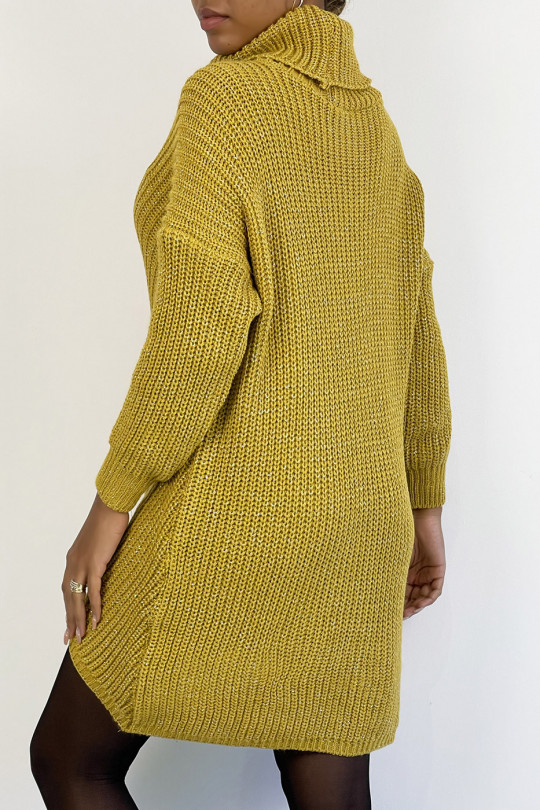 Pull col roulé long, épais et asymétrique moutarde pailleté - 3
