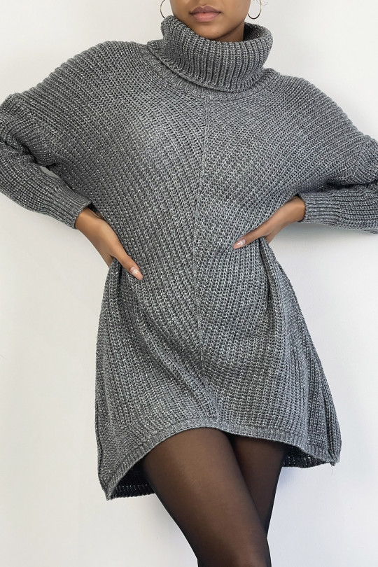 Long, thick and asymmetrical dark gray glittery turtleneck sweater - 1