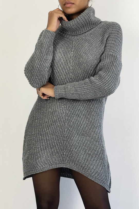 Long, thick and asymmetrical dark gray glittery turtleneck sweater - 4