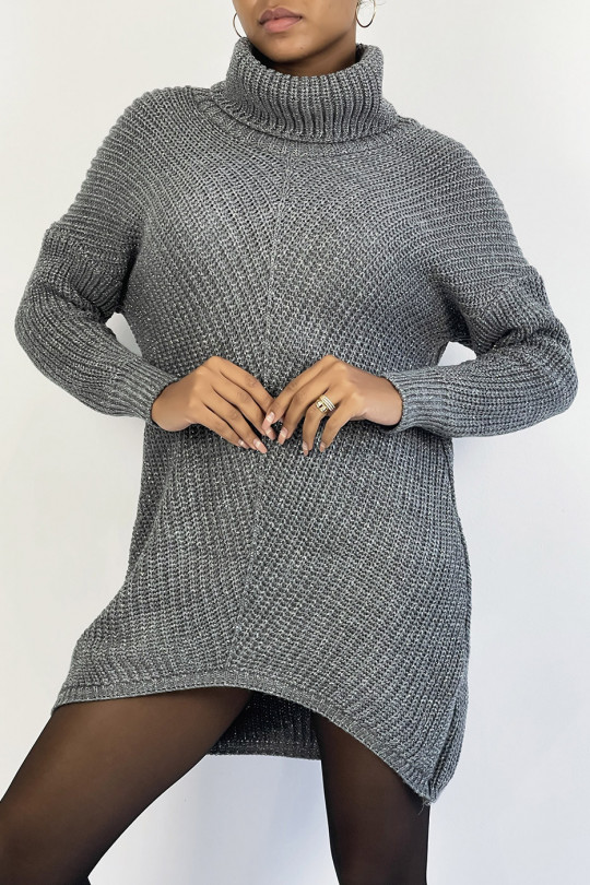 Long, thick and asymmetrical dark gray glittery turtleneck sweater - 5