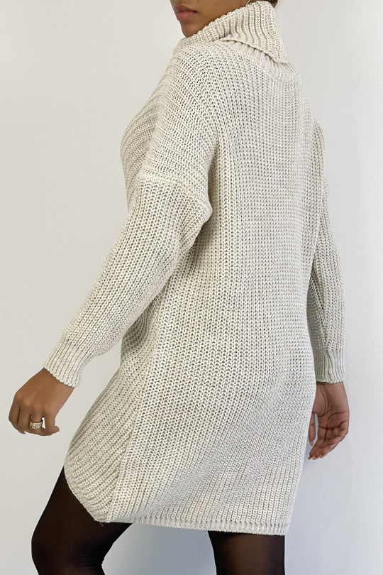 Long, thick and asymmetrical beige glittery turtleneck sweater - 2 Long, thick and asymmetrical beige glittery turtleneck sweater - 2