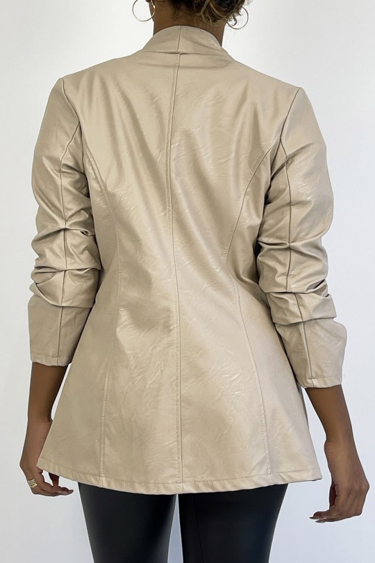 Open jacket with rolled up sleeves in beige faux leather - 1