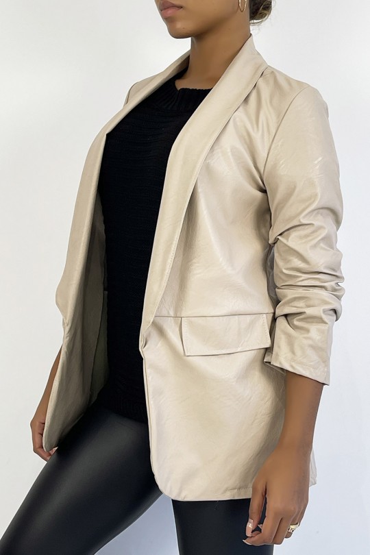 Open jacket with rolled up sleeves in beige faux leather - 3