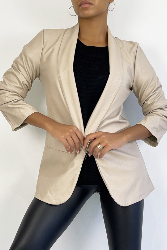 Open jacket with rolled up sleeves in beige faux leather - 4