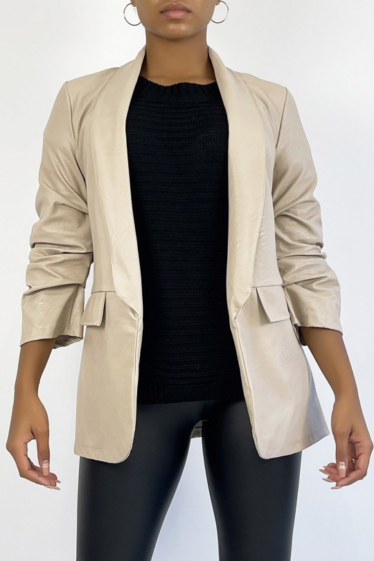 Open jacket with rolled up sleeves in beige faux leather - 5