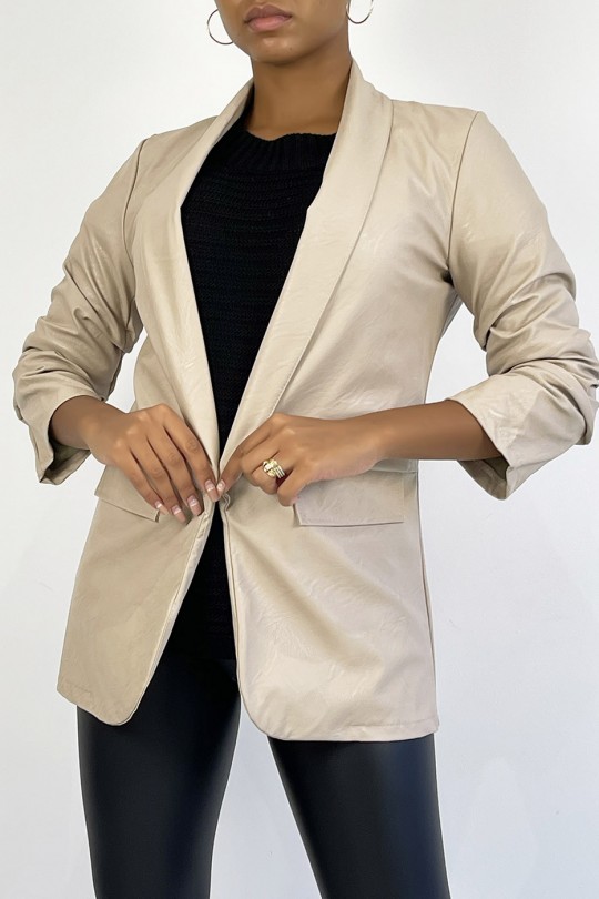 Open jacket with rolled up sleeves in beige faux leather - 7