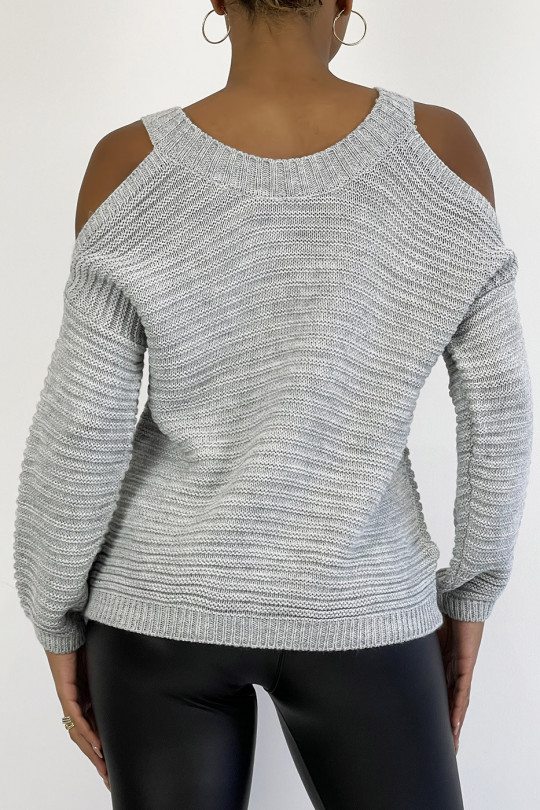 Warm gray chunky knit off-the-shoulder sweater - 1