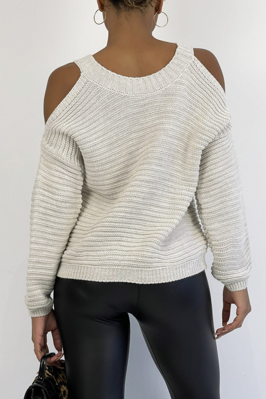 Warm beige chunky knit off-the-shoulder sweater - 1