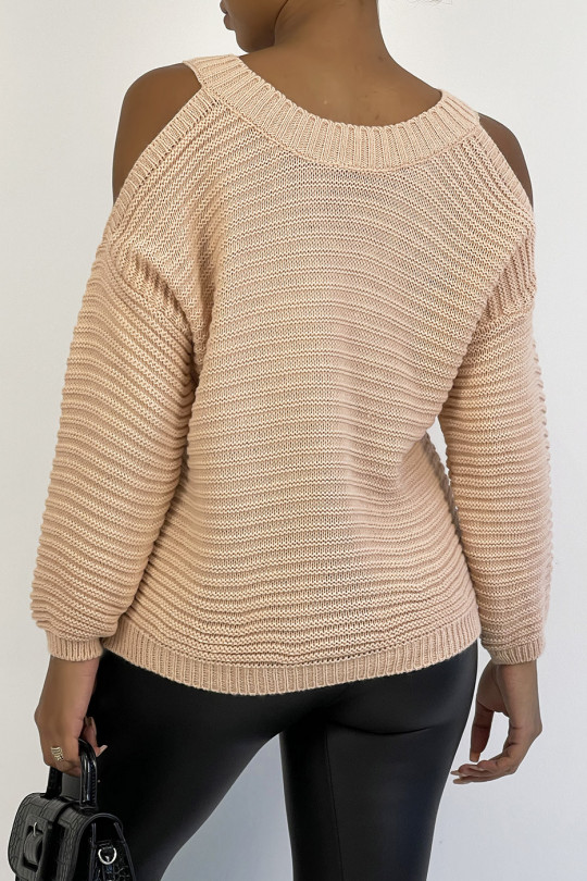Hot pink chunky knit off-the-shoulder sweater - 1