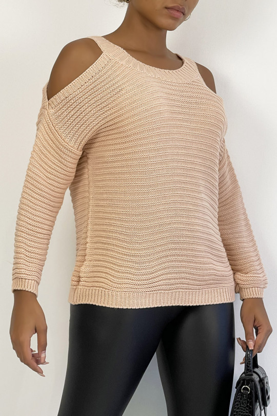 Hot pink chunky knit off-the-shoulder sweater - 3