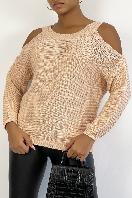 Hot pink chunky knit off-the-shoulder sweater - 4