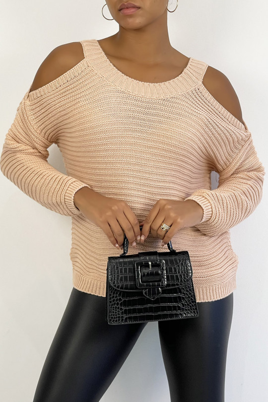 Hot pink chunky knit off-the-shoulder sweater - 5