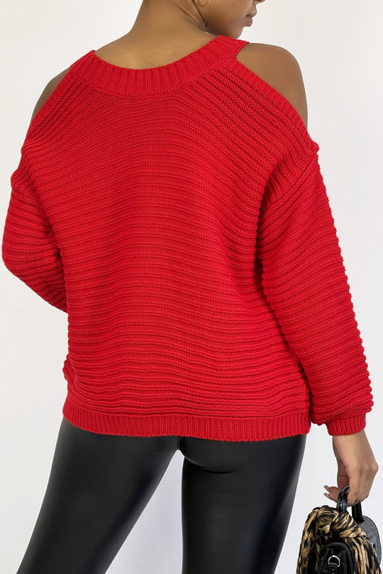 Red warm chunky knit off-the-shoulder sweater - 1