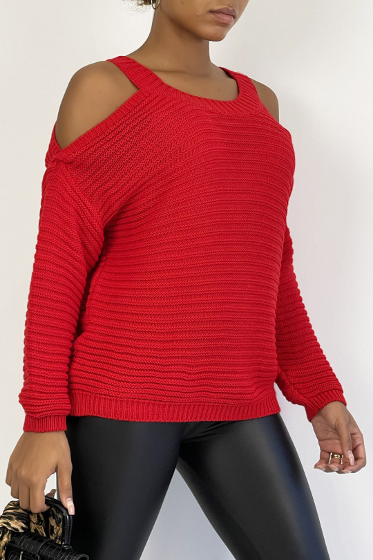 Red warm chunky knit off-the-shoulder sweater - 2