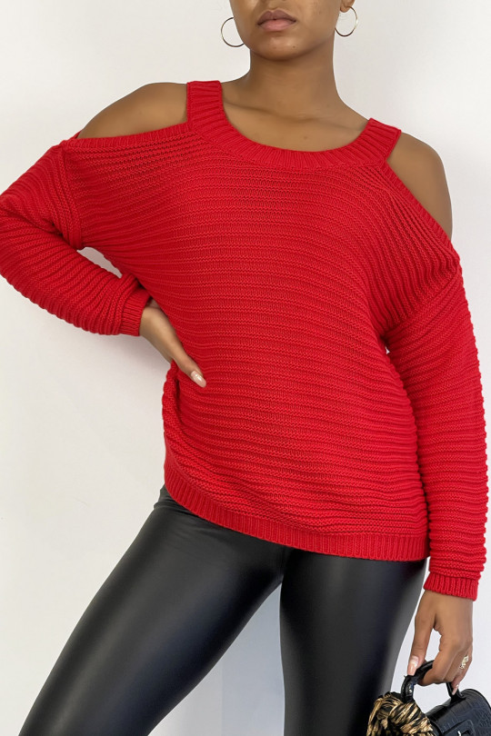 Red warm chunky knit off-the-shoulder sweater - 3