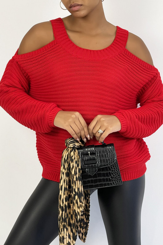 Red warm chunky knit off-the-shoulder sweater - 4