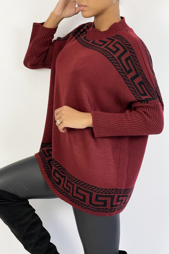 Pull oversize rouge bordeaux à motif grec - 2