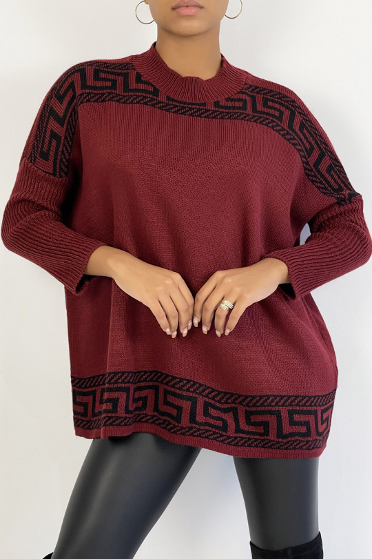 Pull oversize rouge bordeaux à motif grec - 3