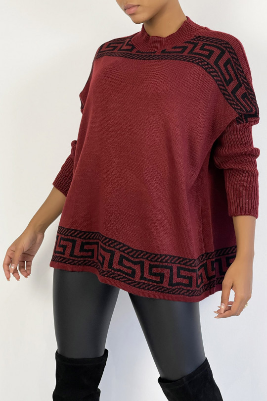 Pull oversize rouge bordeaux à motif grec - 4