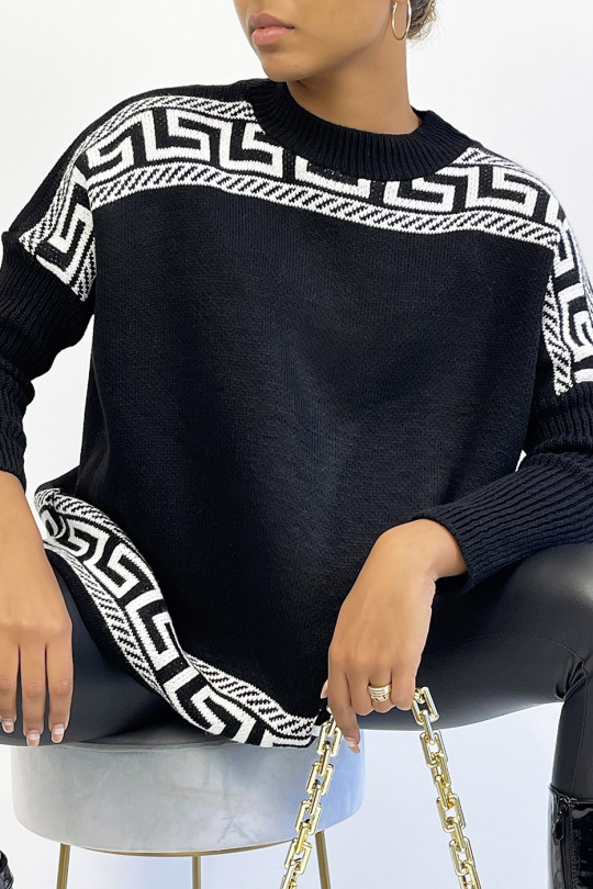 Pull oversize noir à motif grec - 1