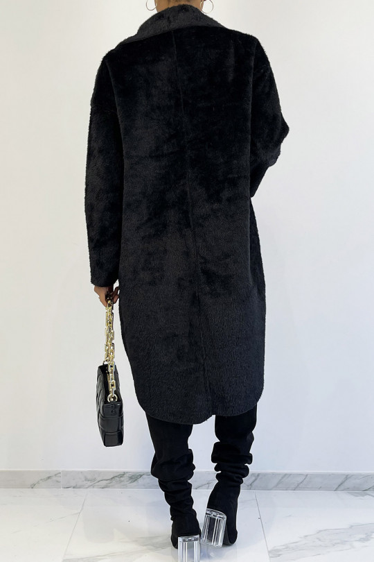 Lange jas in overshirtstijl van zwart imitatiebont - 1