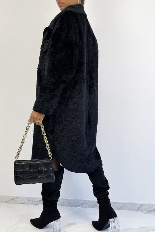 Long overshirt style jacket in black faux fur - 2
