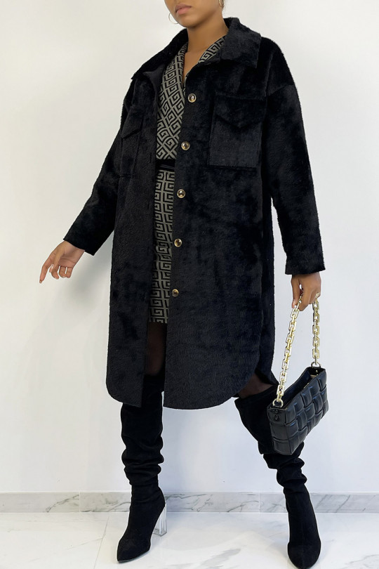 Long overshirt style jacket in black faux fur - 6
