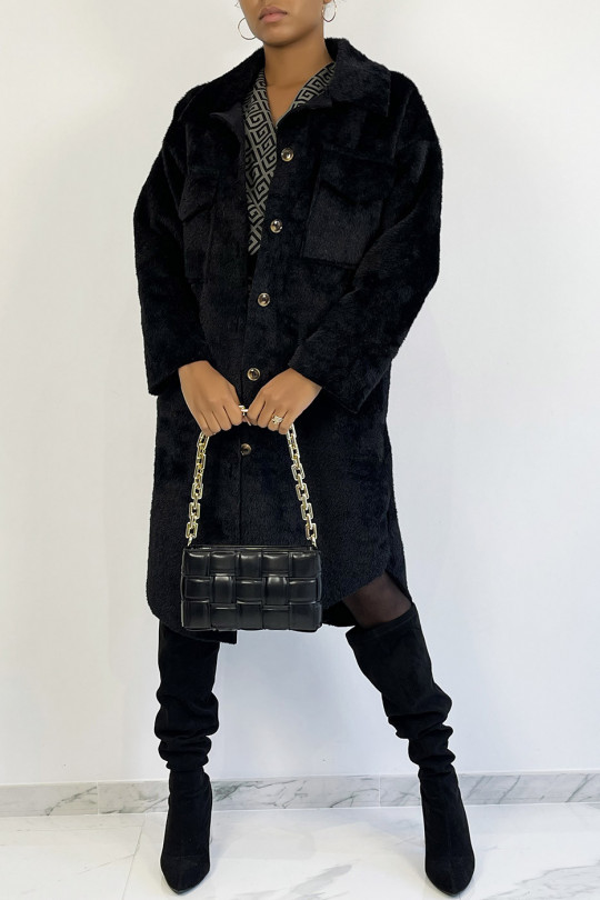 Long overshirt style jacket in black faux fur - 7