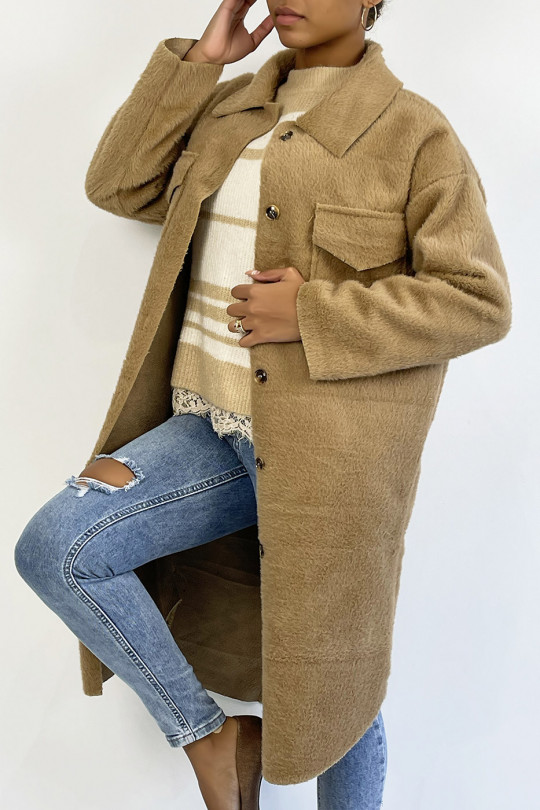 Long camel faux fur overshirt style jacket - 2