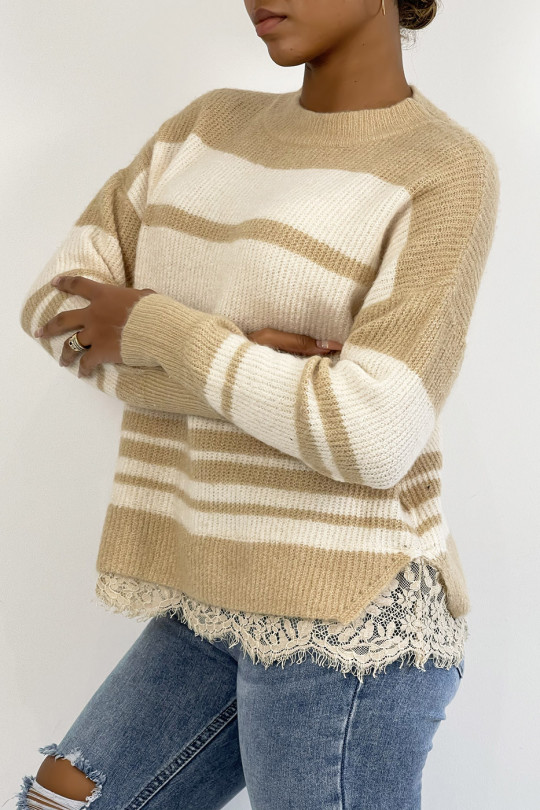 Classic beige striped sweater with lace details - 4
