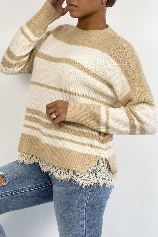 Classic beige striped sweater with lace details - 5