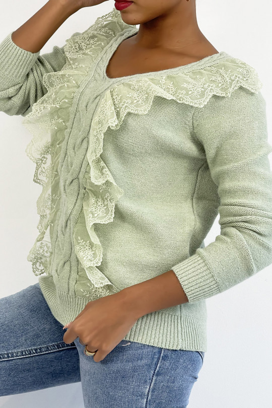 Very chic apple green v-neck sweater with ruffles - 2
