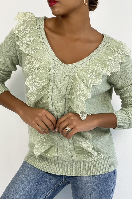 Very chic apple green v-neck sweater with ruffles - 3