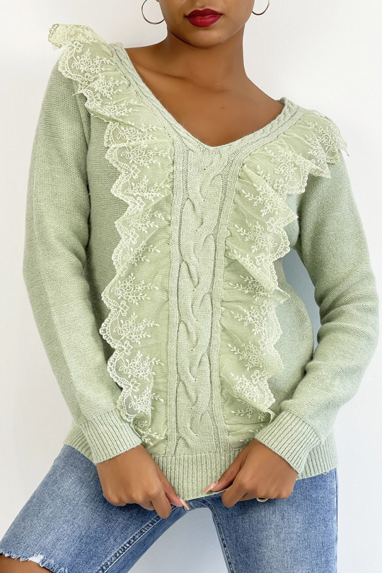 Very chic apple green v-neck sweater with ruffles - 4