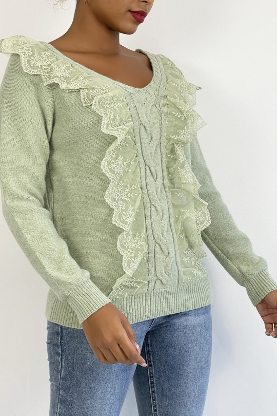 Very chic apple green v-neck sweater with ruffles - 5