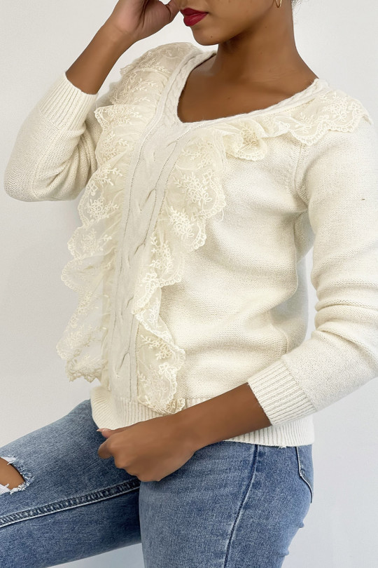 Very chic beige V-neck sweater with ruffles - 2