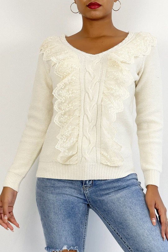 Very chic beige V-neck sweater with ruffles - 5