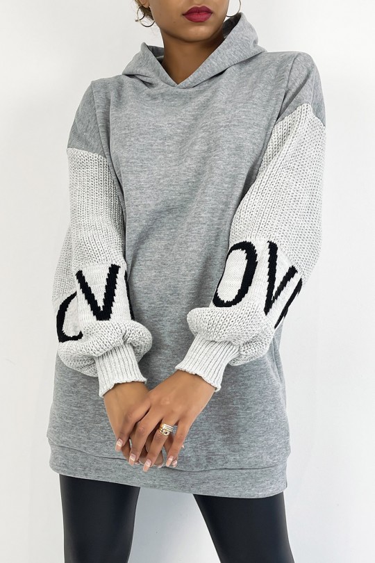 Gray hoodie with puffed sleeves in chunky knit and LOVE writing - 3