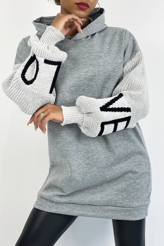 Gray hoodie with puffed sleeves in chunky knit and LOVE writing - 8