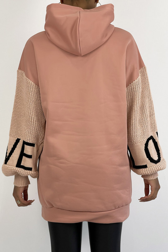Hoodie rose à manche bouffantes en grosse maille et inscription LOVE - 1