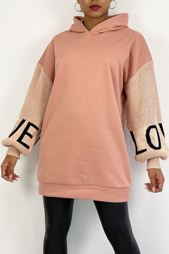Hoodie rose à manche bouffantes en grosse maille et inscription LOVE - 6