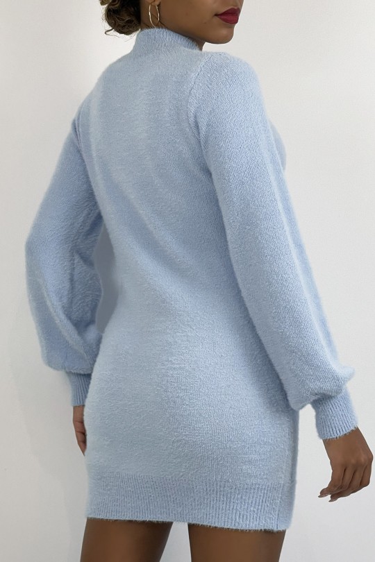 Sky blue super soft bodycon sweater dress with high neck and puff sleeves - 6